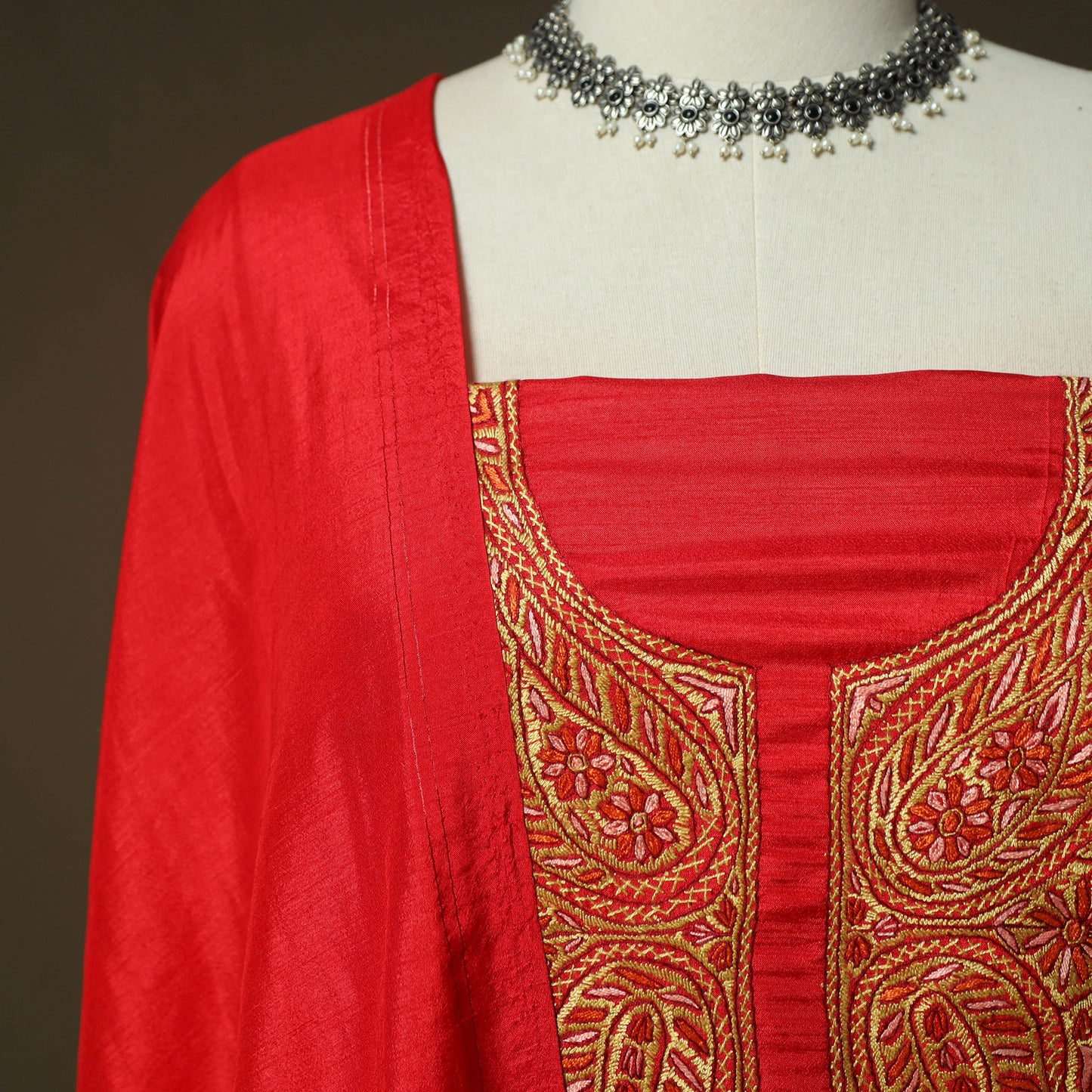 Red - Sozni Hand Embroidery Pure Silk 3pc Unstitched Dress Material Suit Set 35