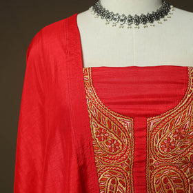 Red - Sozni Hand Embroidery Pure Silk 3pc Unstitched Dress Material Suit Set 35