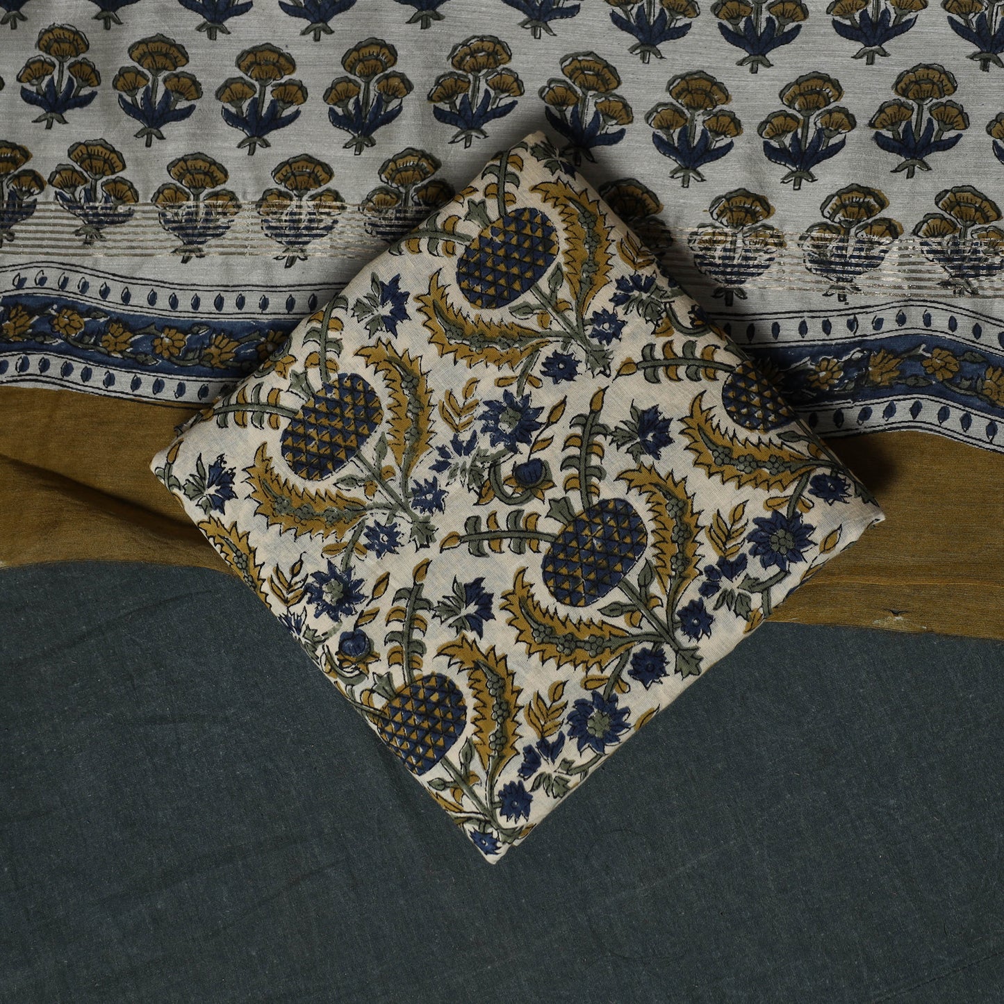 Sanganeri Hand Block Print Maheshwari Silk 3pc Unstitched Dress Material Suit Set 12