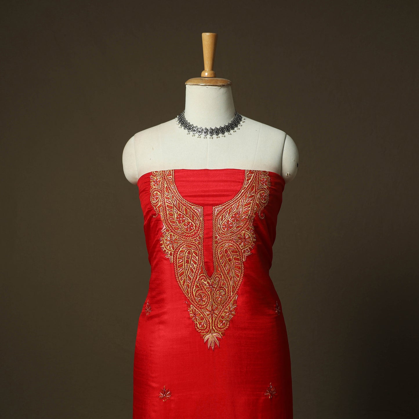 Red - Sozni Hand Embroidery Pure Silk 3pc Unstitched Dress Material Suit Set 35