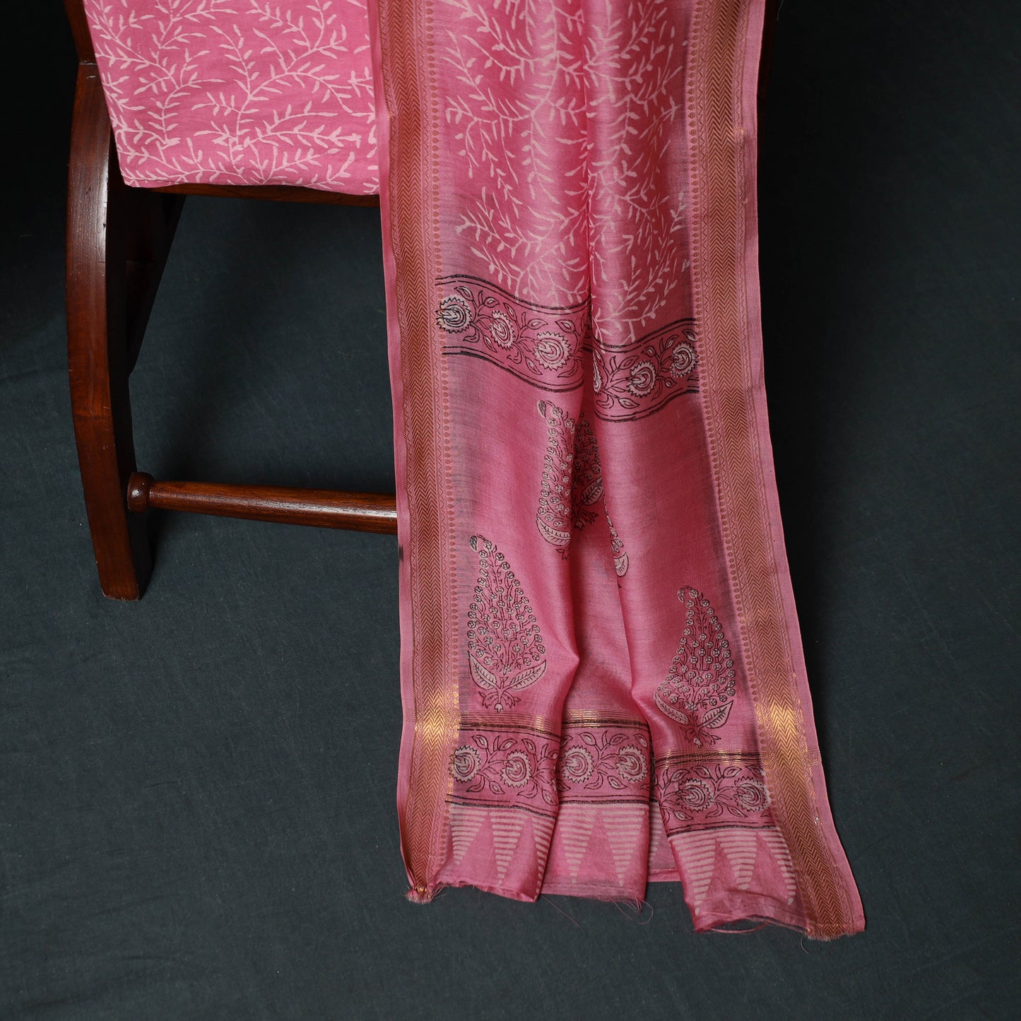 Sanganeri Hand Block Print Maheshwari Silk 3pc Unstitched Dress Material Suit Set 13