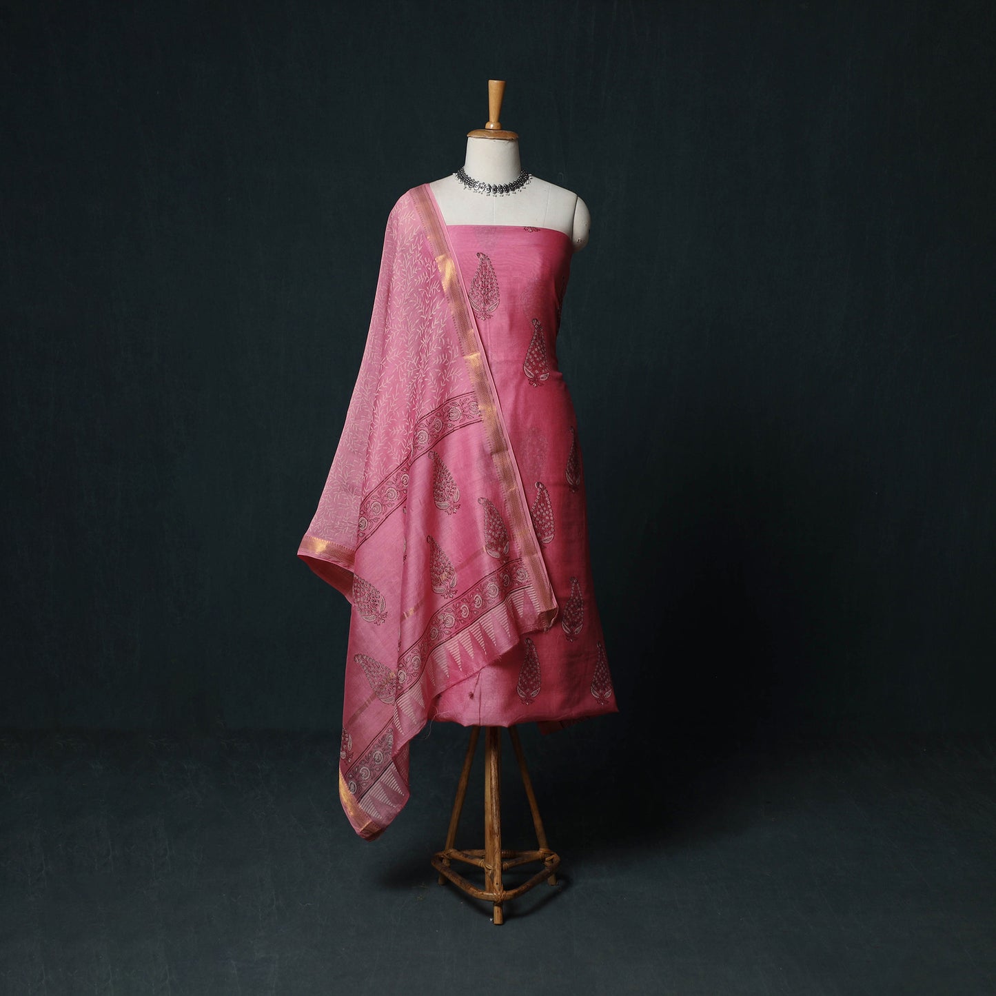 Sanganeri Hand Block Print Maheshwari Silk 3pc Unstitched Dress Material Suit Set 13