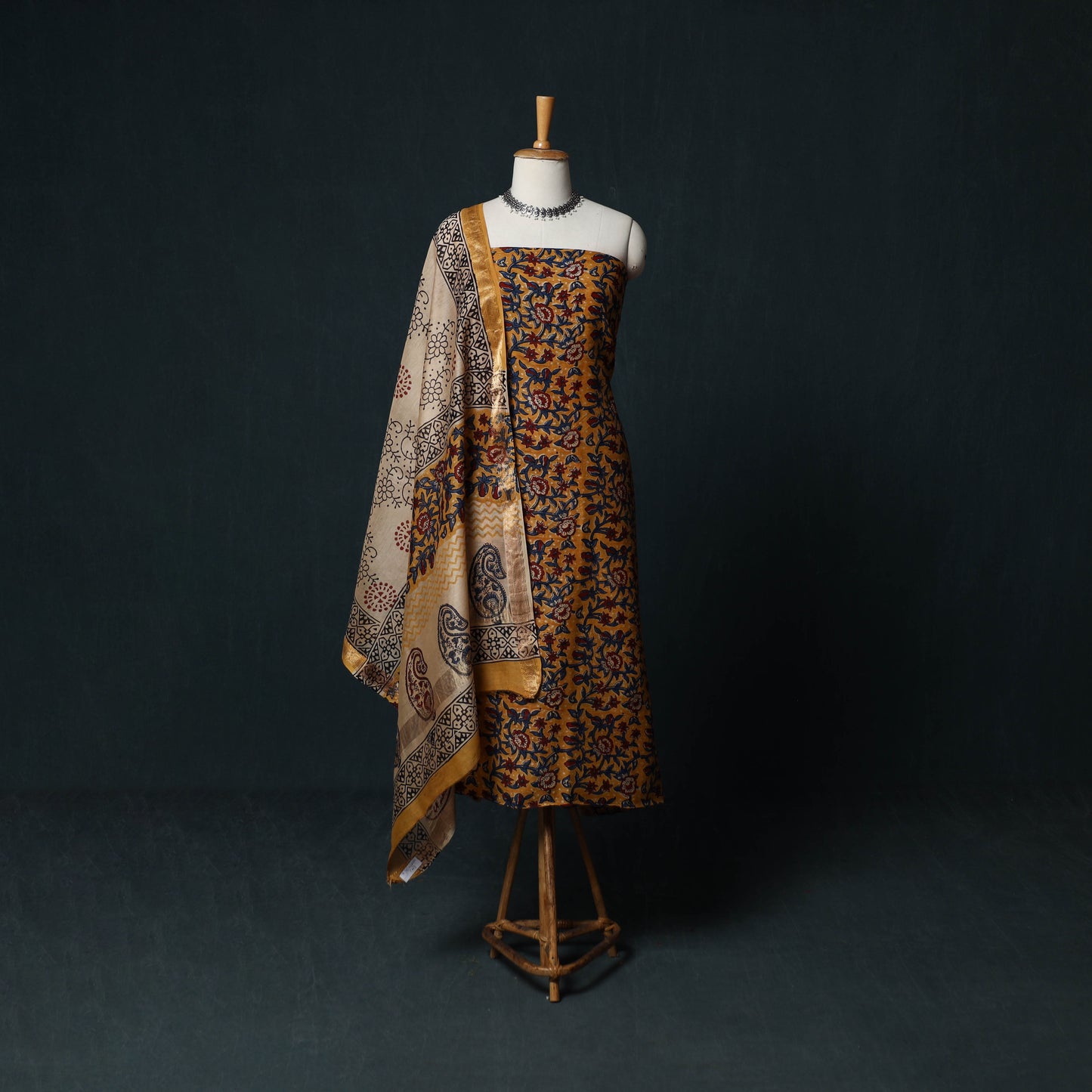 Bagru Hand Block Print Maheshwari Silk 3pc Unstitched Dress Material Suit Set 14