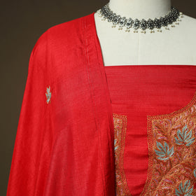 Red - Sozni Hand Embroidery Pure Silk 3pc Unstitched Dress Material Suit Set 36