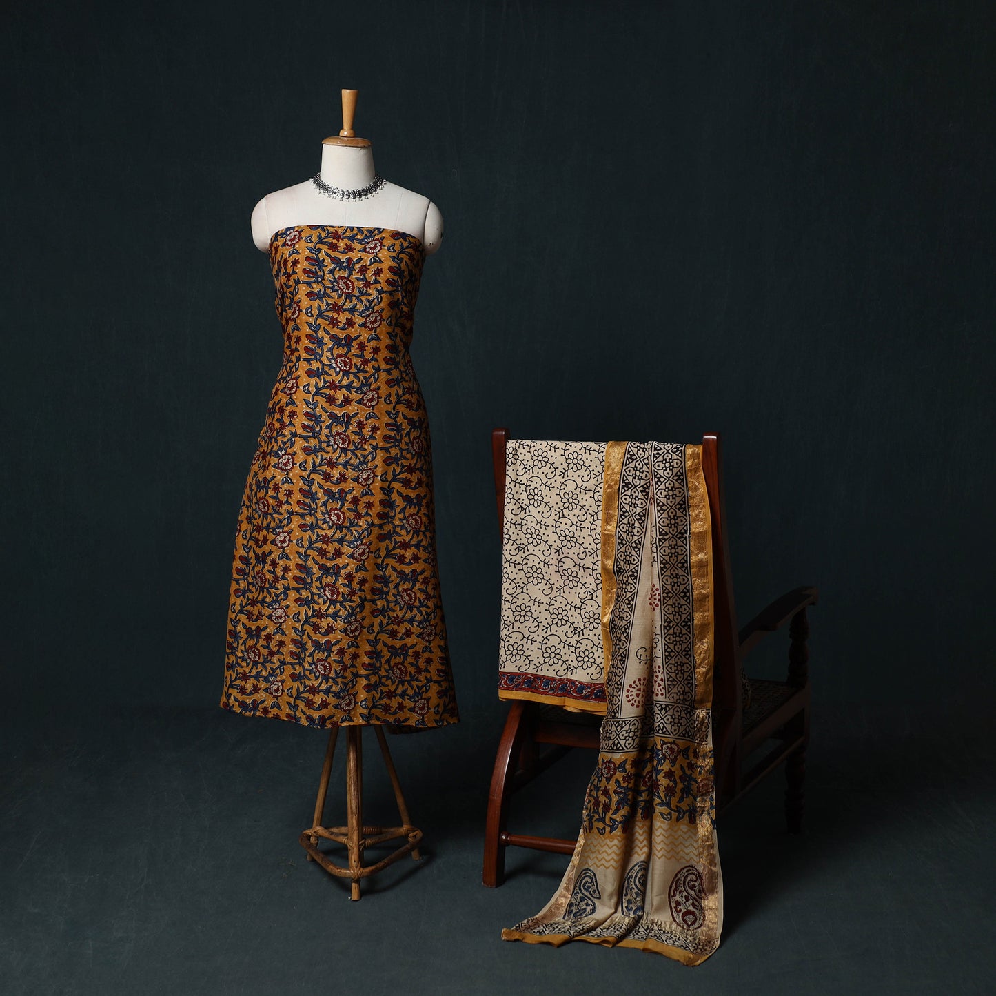 Bagru Hand Block Print Maheshwari Silk 3pc Unstitched Dress Material Suit Set 14