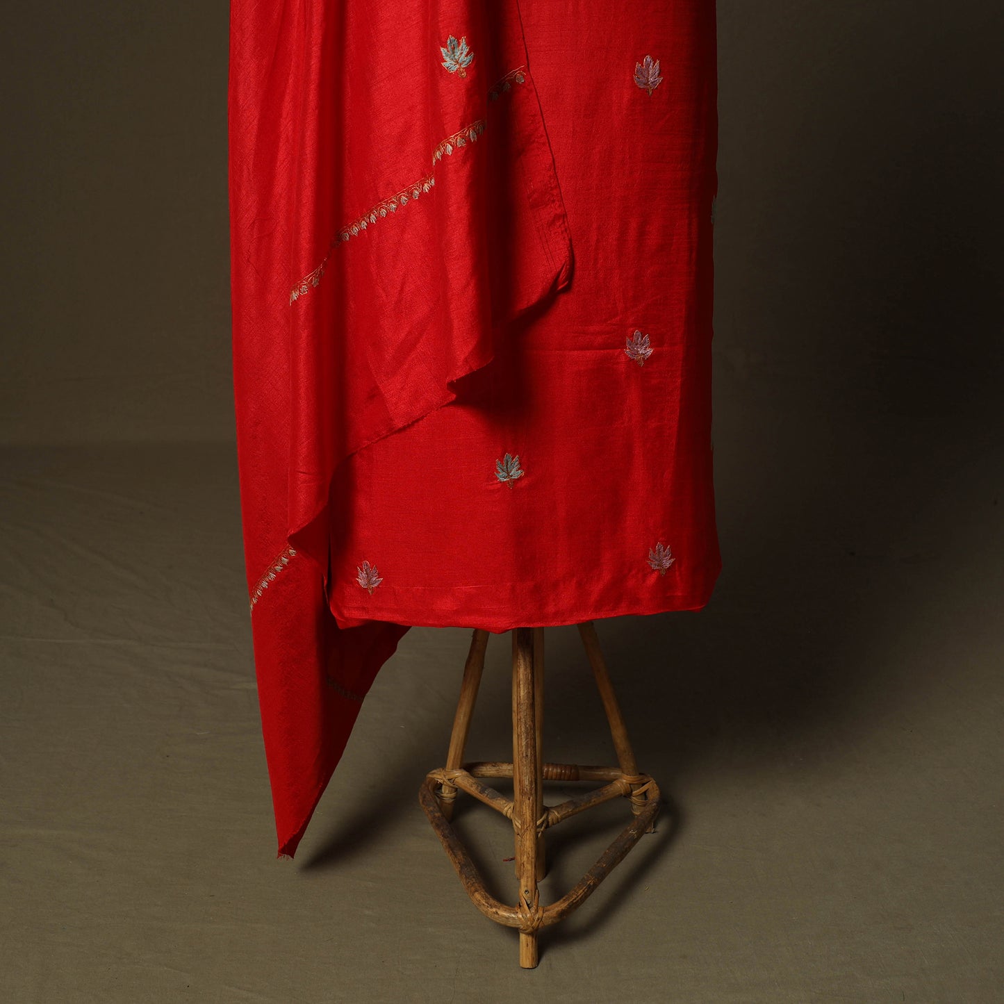 Red - Sozni Hand Embroidery Pure Silk 3pc Unstitched Dress Material Suit Set 36