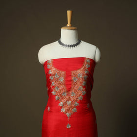 Red - Sozni Hand Embroidery Pure Silk 3pc Unstitched Dress Material Suit Set 36