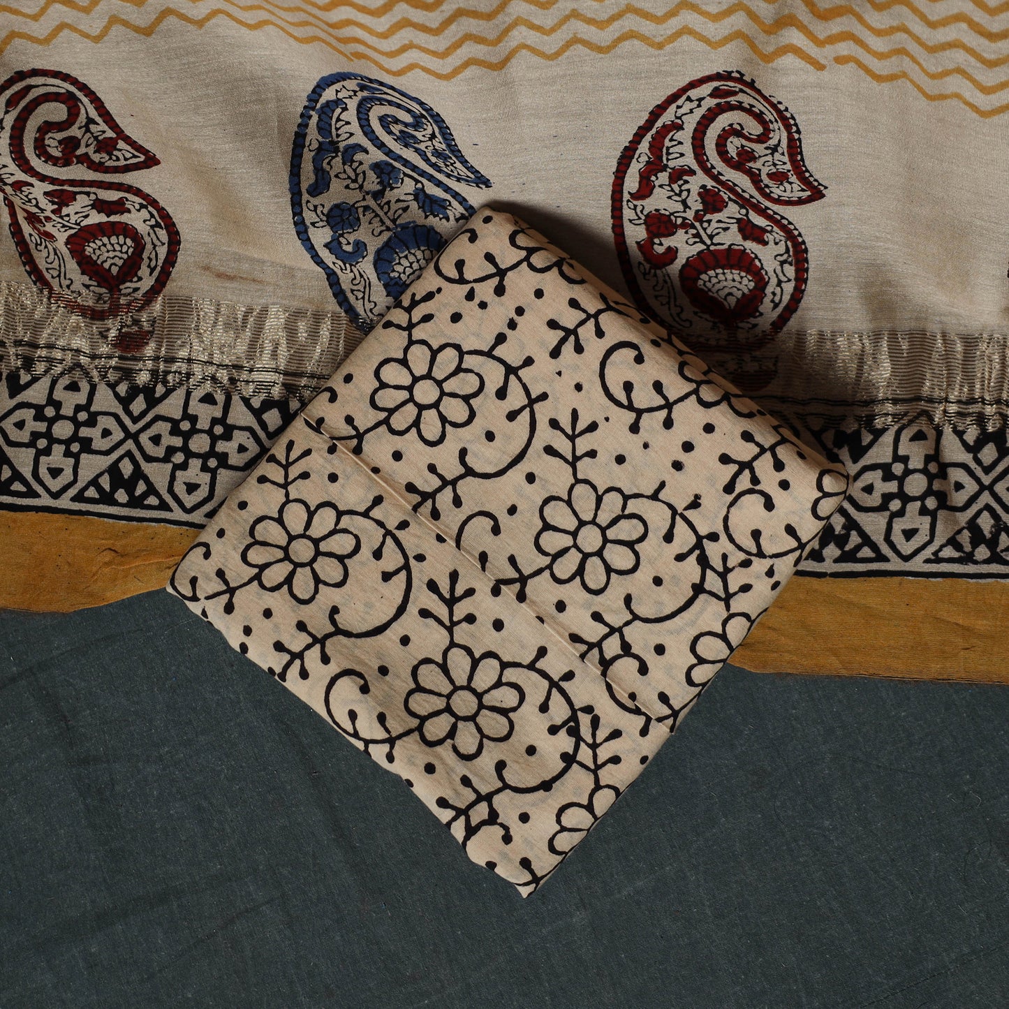Bagru Hand Block Print Maheshwari Silk 3pc Unstitched Dress Material Suit Set 14