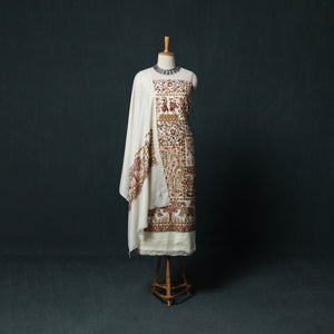 White - 3pc Heavy Chain Stitch Embroidered Wool Unstitched Dress Material Suit Set 03