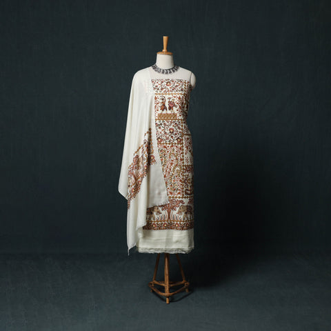 White - 3pc Heavy Chain Stitch Embroidered Wool Unstitched Dress Material Suit Set 03