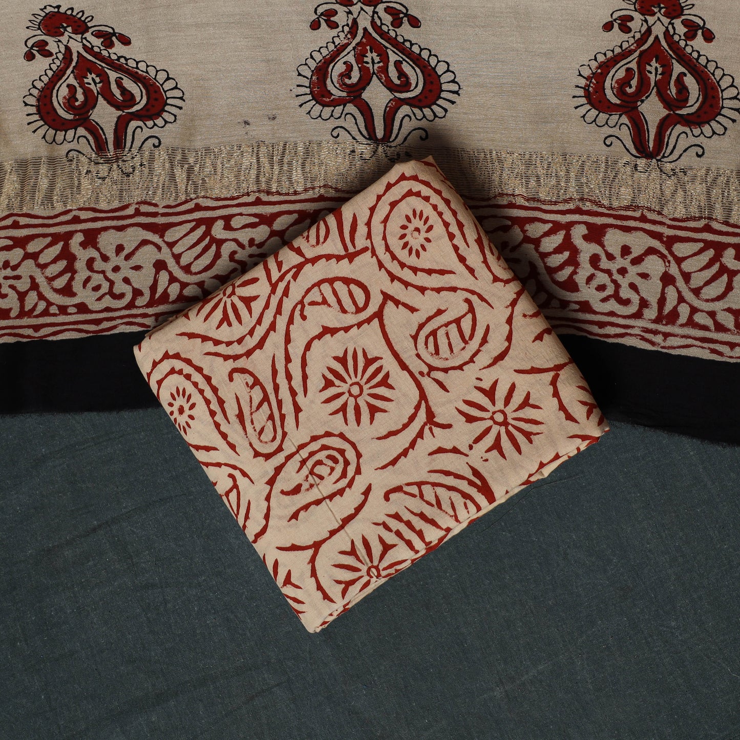 Bagru Hand Block Print Maheshwari Silk 3pc Unstitched Dress Material Suit Set 15