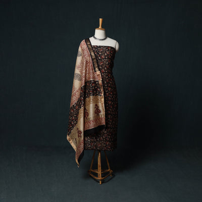Bagru Hand Block Print Maheshwari Silk 3pc Unstitched Dress Material Suit Set 15