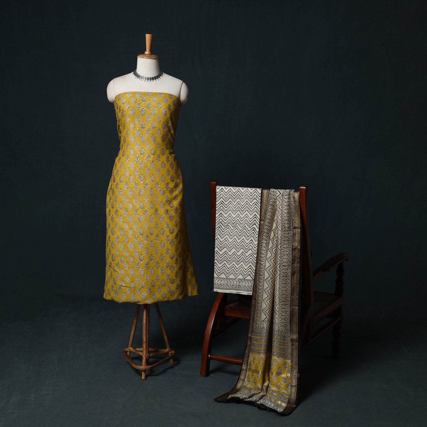 Bagru Hand Block Print Maheshwari Silk 3pc Unstitched Dress Material Suit Set 16