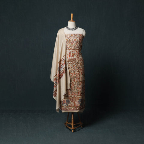 Beige - 3pc Heavy Chain Stitch Embroidered Wool Unstitched Dress Material Suit Set 04