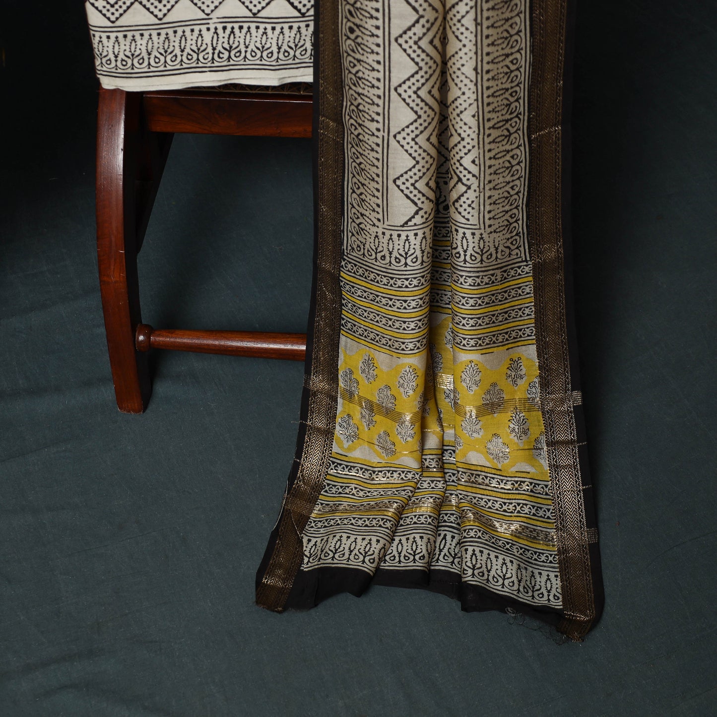 Bagru Hand Block Print Maheshwari Silk 3pc Unstitched Dress Material Suit Set 16