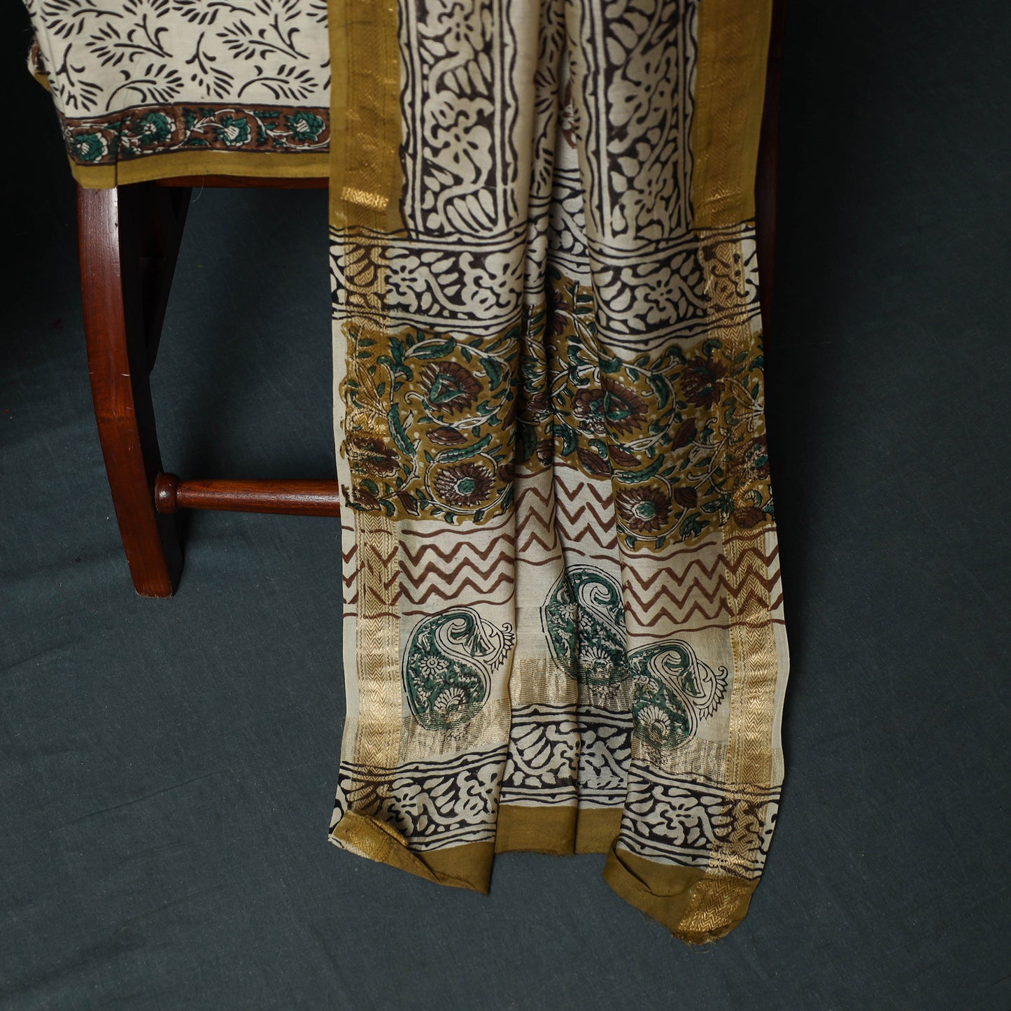 Bagru Hand Block Print Maheshwari Silk 3pc Unstitched Dress Material Suit Set 17