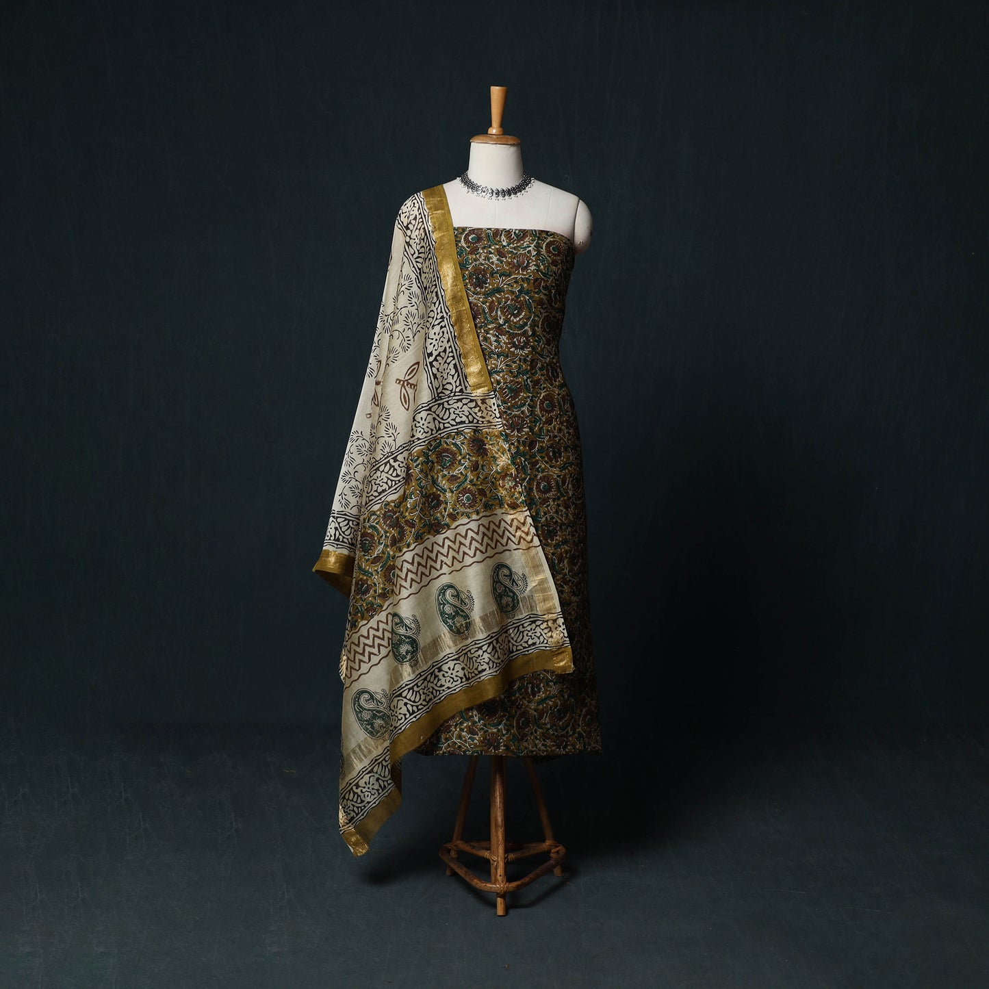 Bagru Hand Block Print Maheshwari Silk 3pc Unstitched Dress Material Suit Set 17