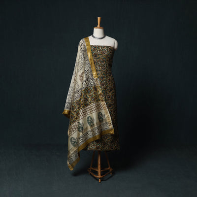 Bagru Hand Block Print Maheshwari Silk 3pc Unstitched Dress Material Suit Set 17