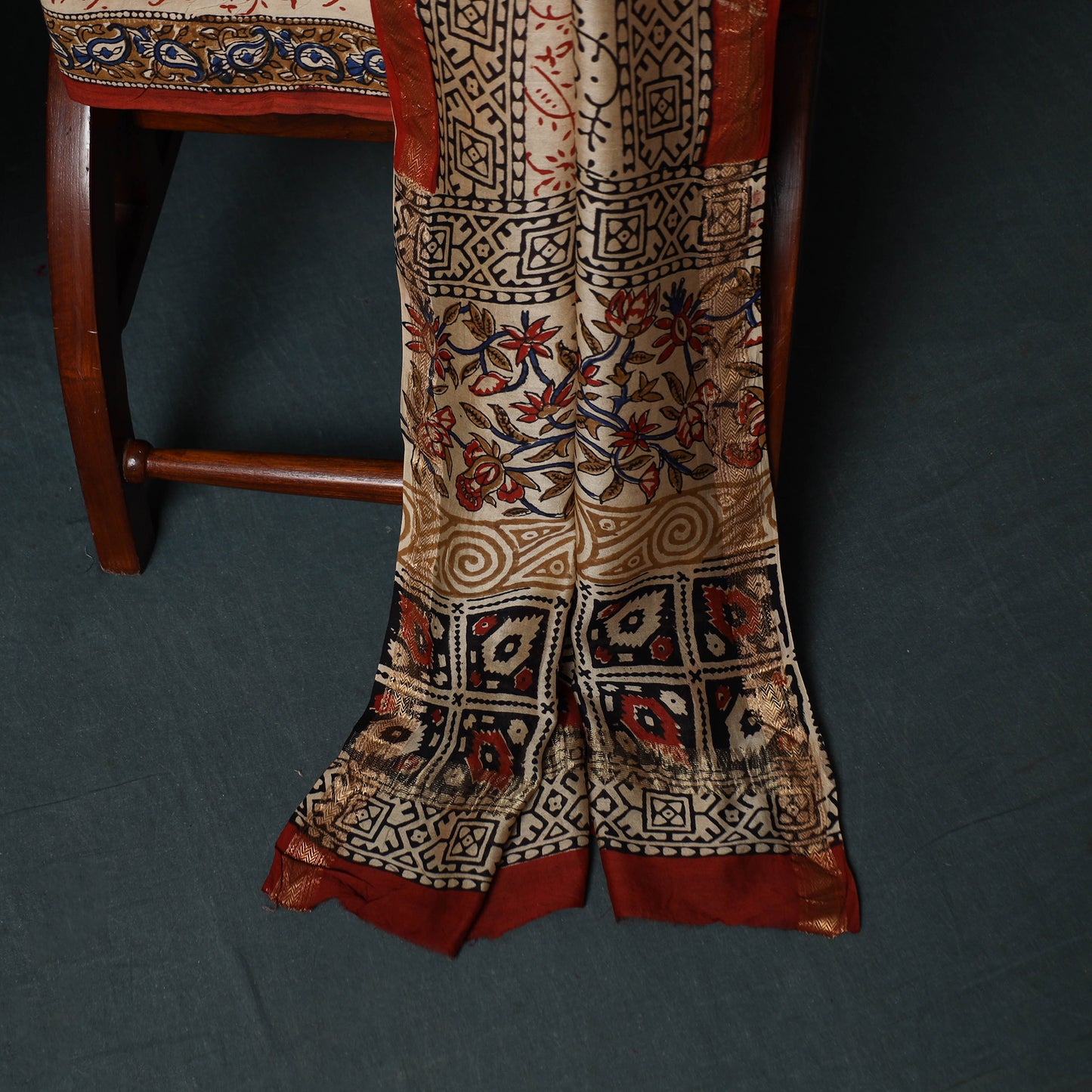 Bagru Hand Block Print Maheshwari Silk 3pc Unstitched Dress Material Suit Set 18