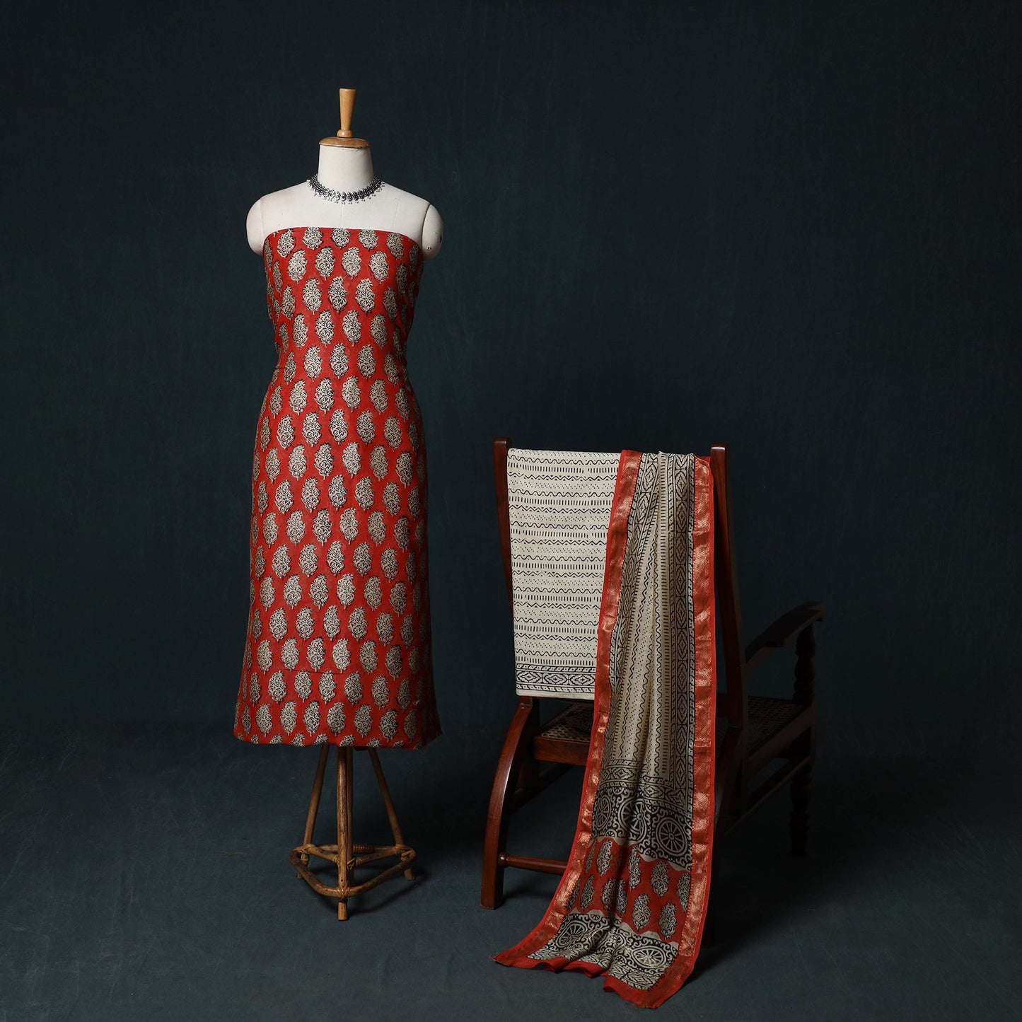 Bagru Hand Block Print Maheshwari Silk 3pc Unstitched Dress Material Suit Set 19