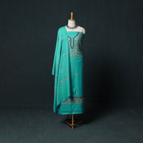 Green - 3pc Embroidered Wool Unstitched Dress Material Suit Set 09
