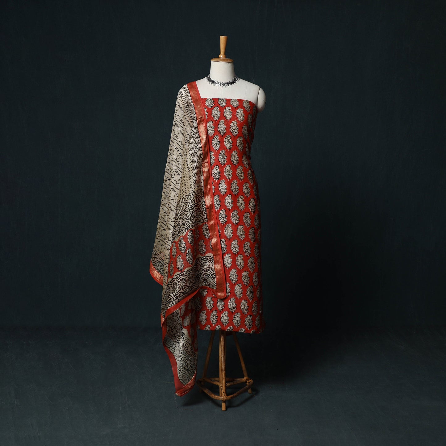Bagru Hand Block Print Maheshwari Silk 3pc Unstitched Dress Material Suit Set 19