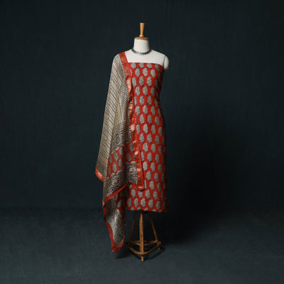 Bagru Hand Block Print Maheshwari Silk 3pc Unstitched Dress Material Suit Set 19