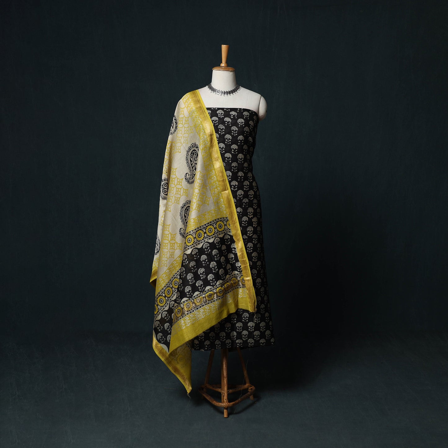 Bagru Hand Block Print Maheshwari Silk 3pc Unstitched Dress Material Suit Set 20