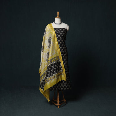 Bagru Hand Block Print Maheshwari Silk 3pc Unstitched Dress Material Suit Set 20