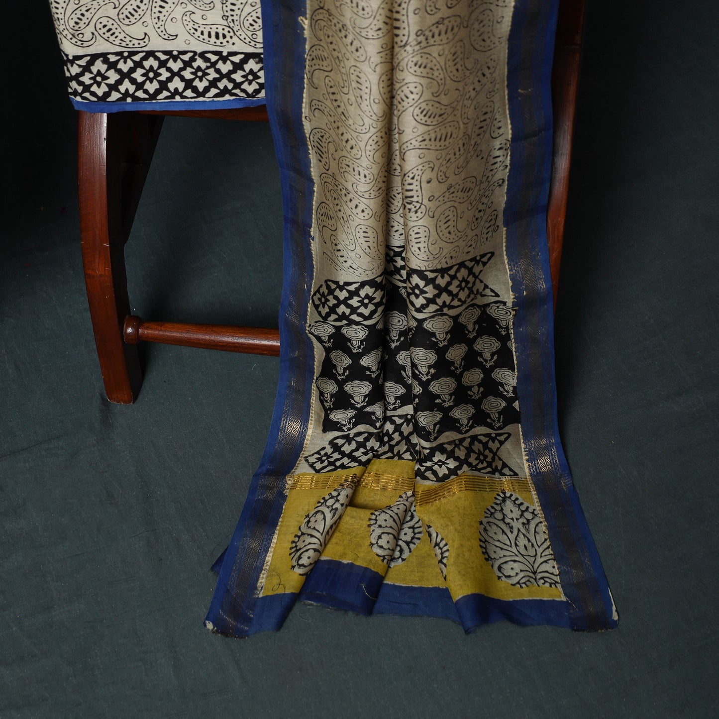 Bagru Hand Block Print Maheshwari Silk 3pc Unstitched Dress Material Suit Set 21