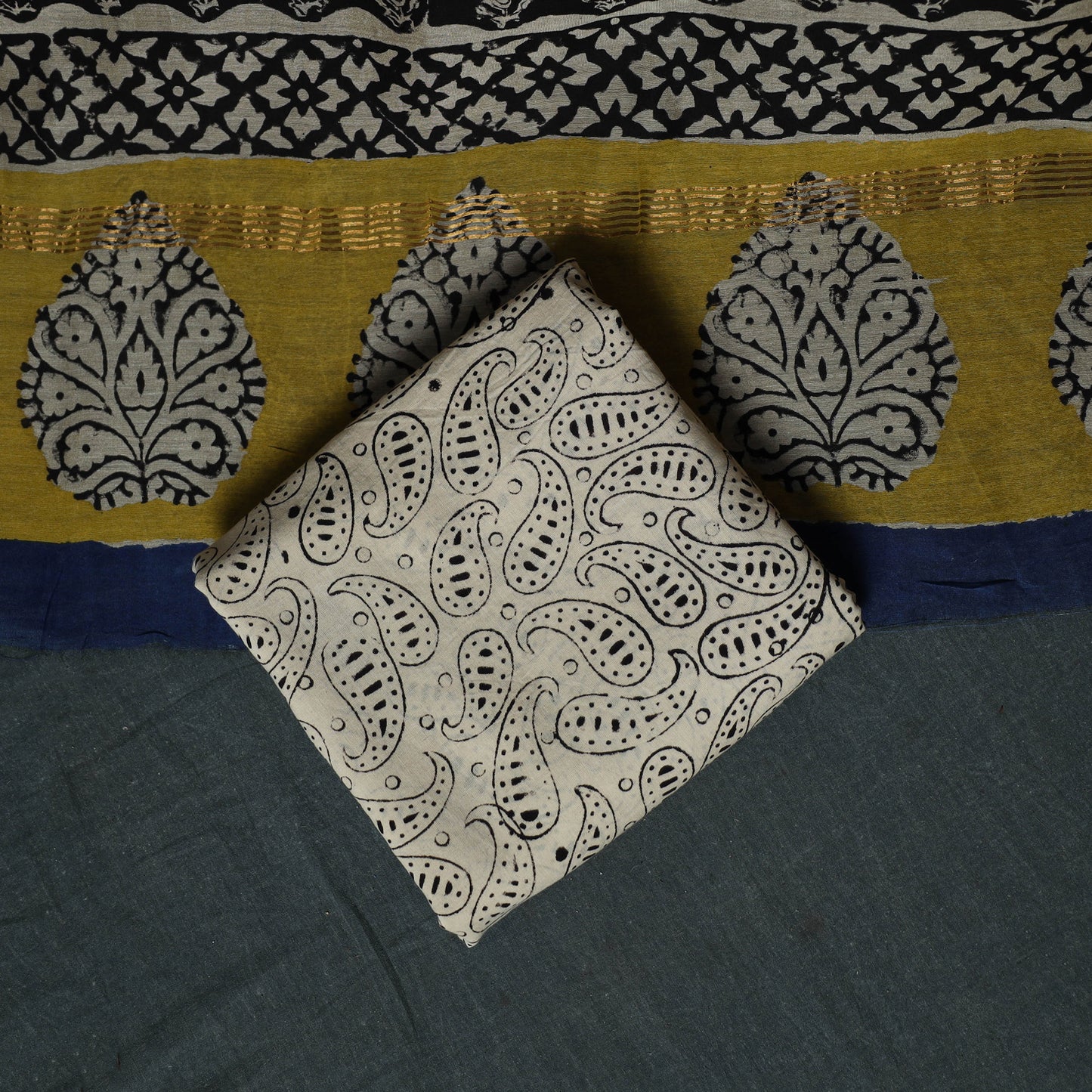 Bagru Hand Block Print Maheshwari Silk 3pc Unstitched Dress Material Suit Set 21
