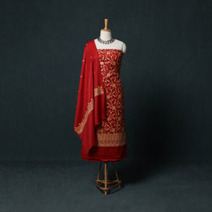 Red - 3pc Heavy Embroidered Wool Unstitched Dress Material Suit Set 13