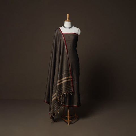 Brown - Dharwad Cotton 3pc Plain Unstitched Dress Material Suit Set with Woven Border 03