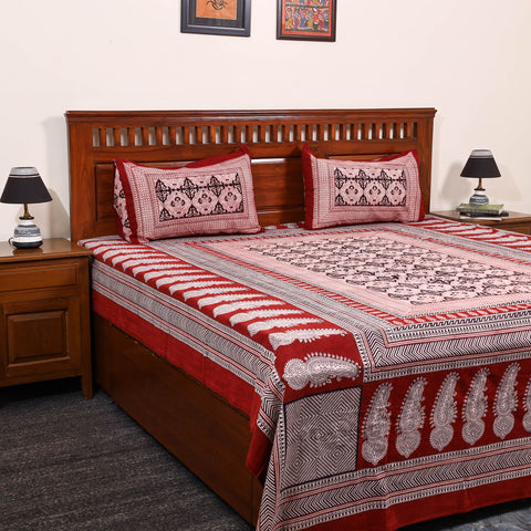 Red - Cotton Bagh Print Double Bedsheet with Pillow Covers 01