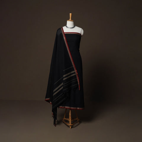Black - Dharwad Cotton 3pc Plain Unstitched Dress Material Suit Set with Woven Border 04