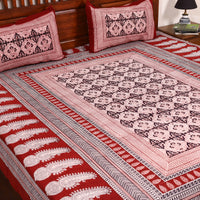 Red - Cotton Bagh Print Double Bedsheet with Pillow Covers 01