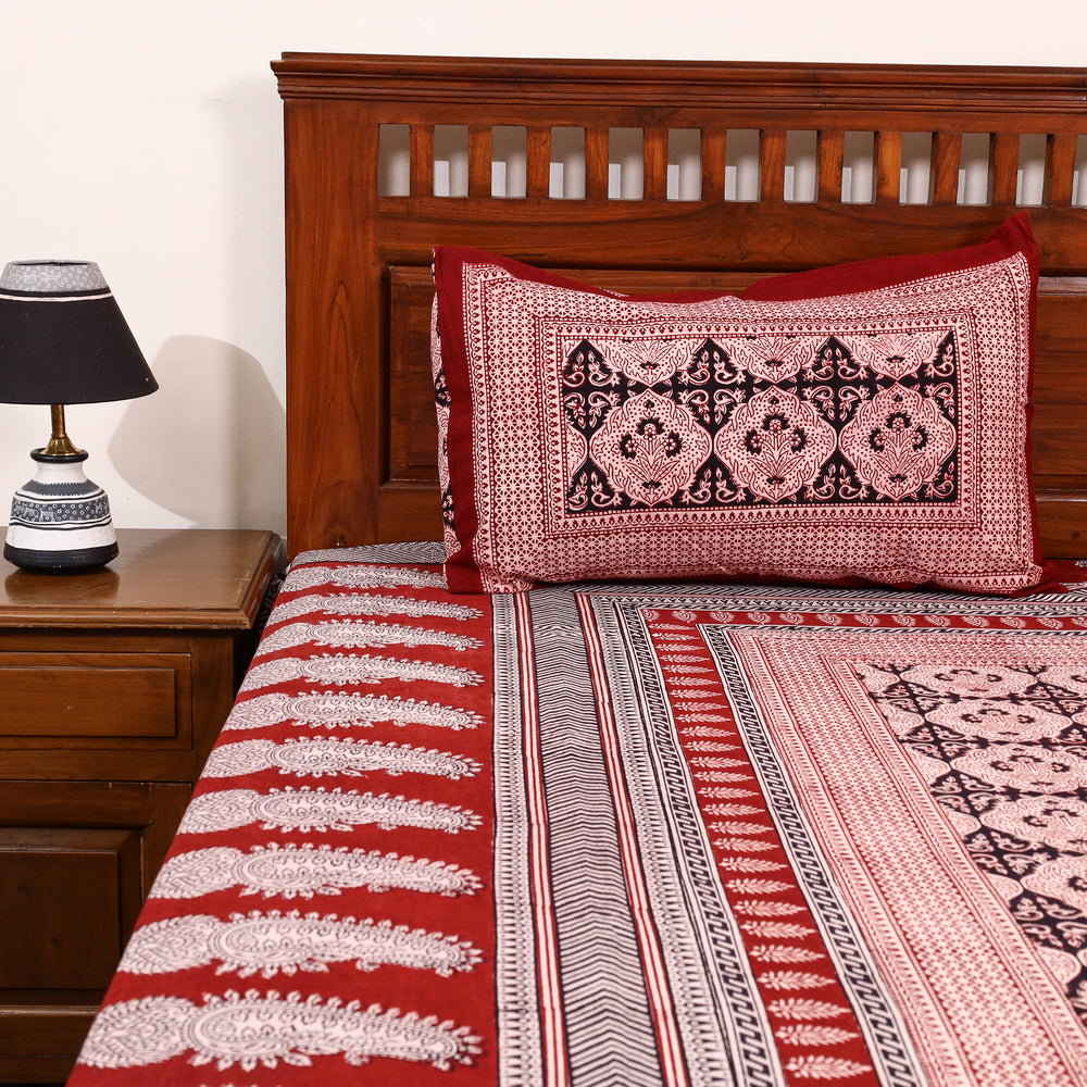 Red - Cotton Bagh Print Double Bedsheet with Pillow Covers 01