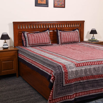 Red - Cotton Bagh Print Double Bedsheet with Pillow Covers 02