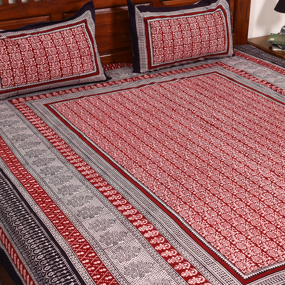 Red - Cotton Bagh Print Double Bedsheet with Pillow Covers 02