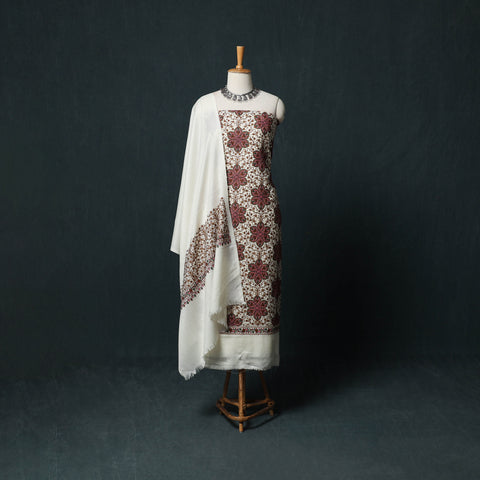 White - 3pc Heavy Chain Stitch Embroidered Wool Unstitched Dress Material Suit Set 17