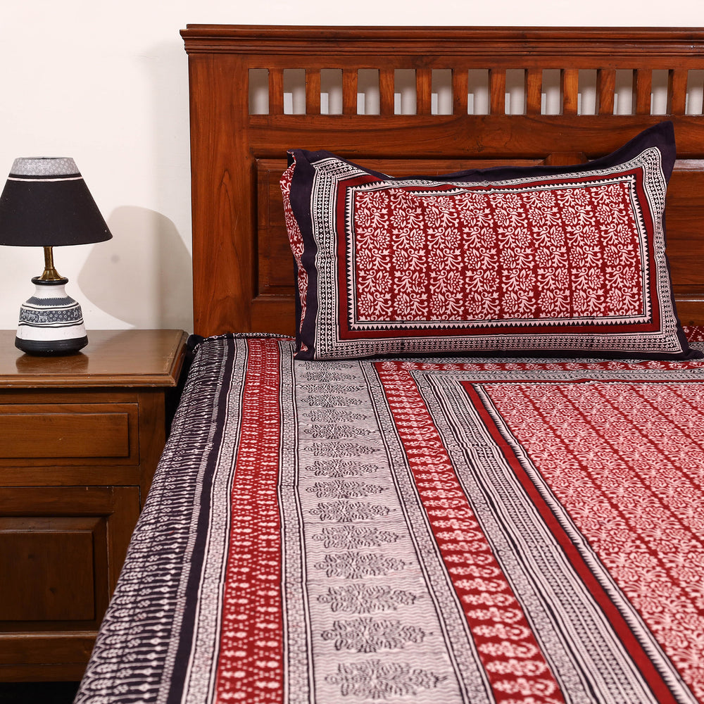 Red - Cotton Bagh Print Double Bedsheet with Pillow Covers 02