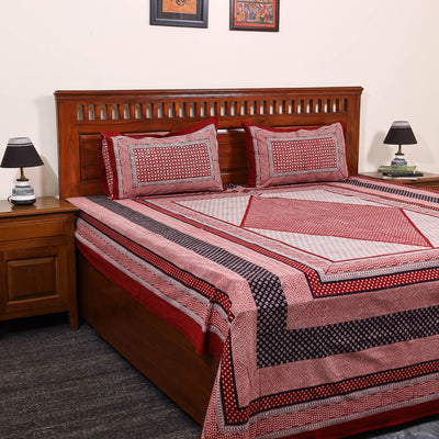 Red - Cotton Bagh Print Double Bedsheet with Pillow Covers 03