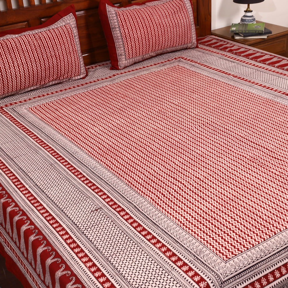 Red - Cotton Bagh Print Double Bedsheet with Pillow Covers 04