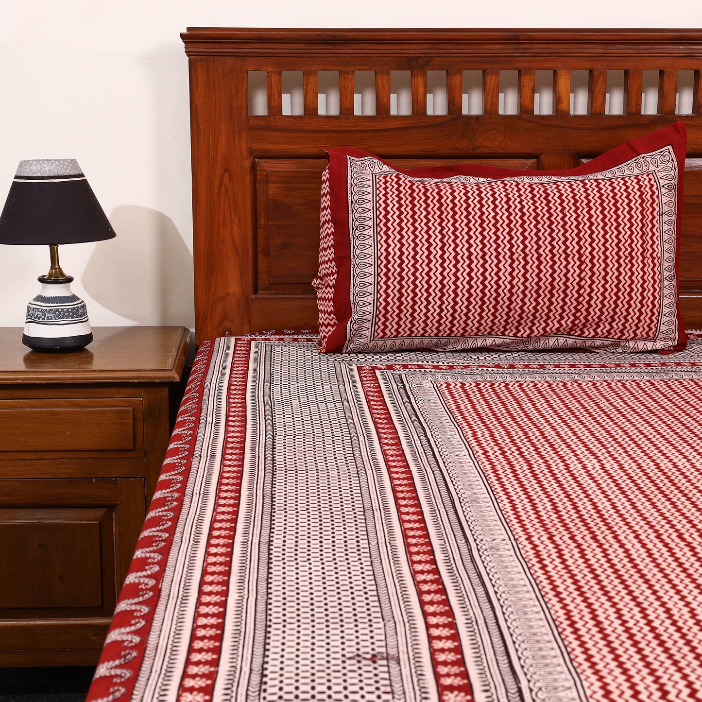 Red - Cotton Bagh Print Double Bedsheet with Pillow Covers 04