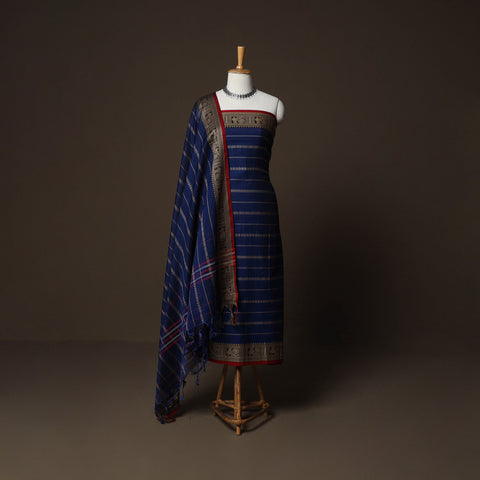 Blue - Dharwad Woven Cotton 3pc Plain Unstitched Dress Material Suit Set with Border 08