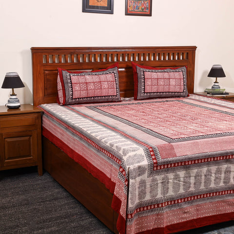 Red - Cotton Bagh Print Double Bedsheet with Pillow Covers 05