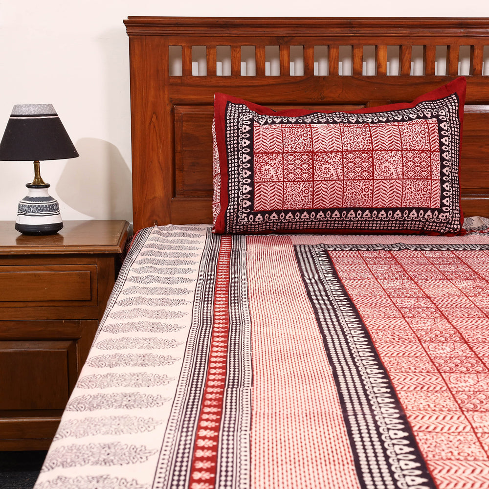 Red - Cotton Bagh Print Double Bedsheet with Pillow Covers 05