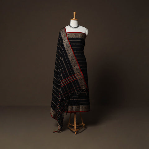 Black - Dharwad Woven Cotton 3pc Plain Unstitched Dress Material Suit Set with Border 09