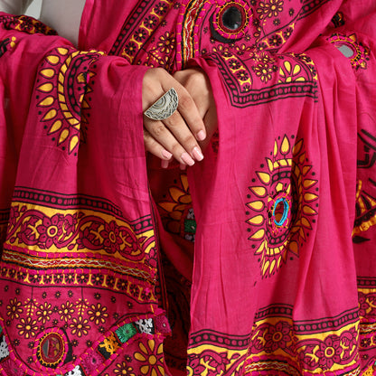 Pink - Kutch Hand Embroidery Mirror Work Printed Cotton Dupatta 02