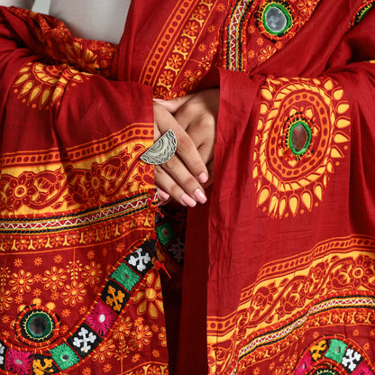 Red - Kutch Hand Embroidery Mirror Work Printed Cotton Dupatta 01